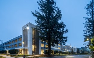 Exterior view of the parking garage with a tree in the foreground