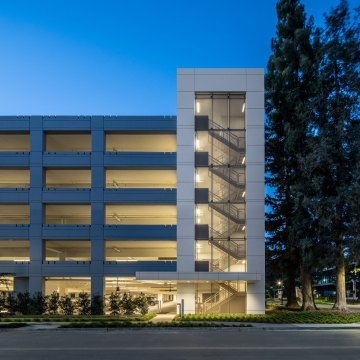 Exterior view of the parking garage at night.