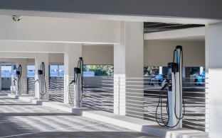 Electric vehicle charging stations in the garage.