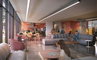 Interior rendering of the common area in the student housing facility.