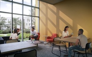 Interior rendering of a few tables next to a big window.