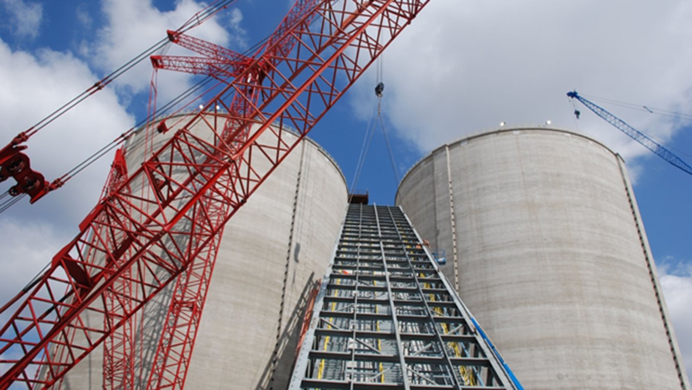 Outdoor image of a ladder between two towers