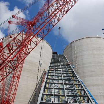 Outdoor image of a ladder between two towers