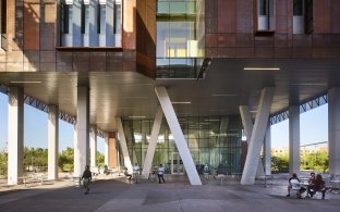 The front entrance of the futuristic Biodesign Institute at ASU.