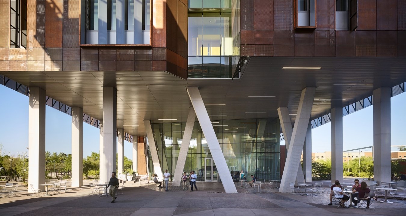 The front entrance of the futuristic Biodesign Institute at ASU.