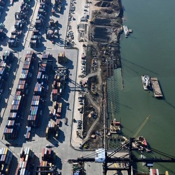 Aerial view of the container terminal with a waterway on the righthand side