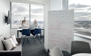 A workspace room with large windows 