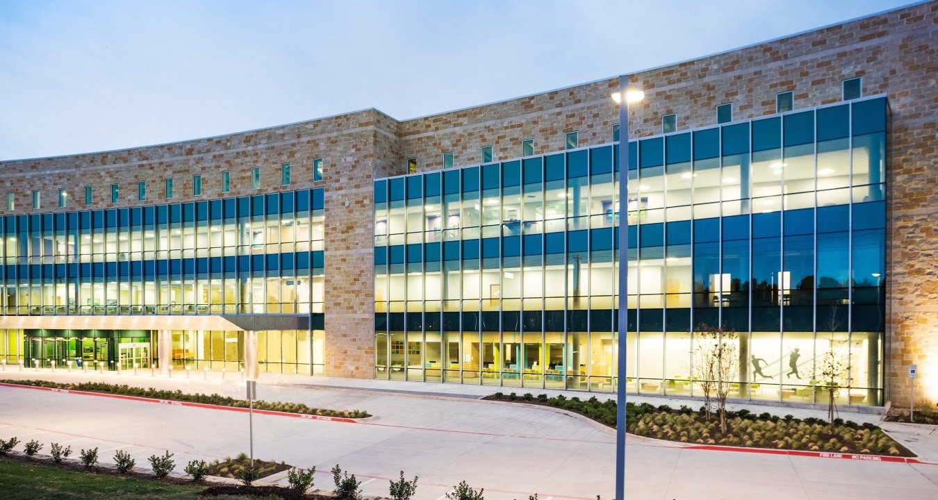 Exterior view of the specialty center with large glass windows