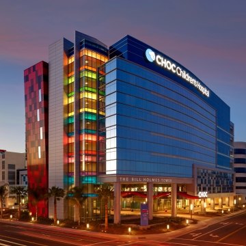 Exterior view of the children's hospital with colorful glass