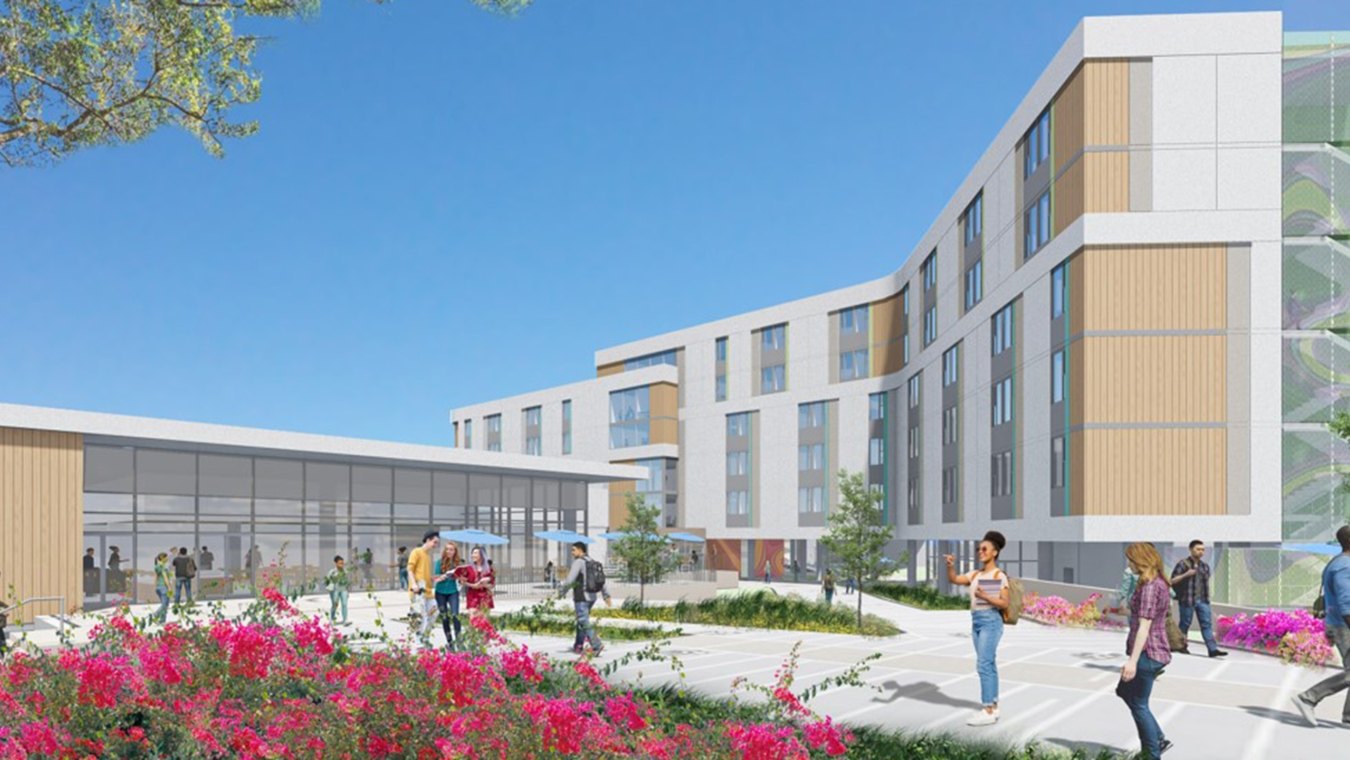 Exterior rendering of the CSUSM housing and dining facility.