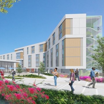 Exterior rendering of the CSUSM housing and dining facility.