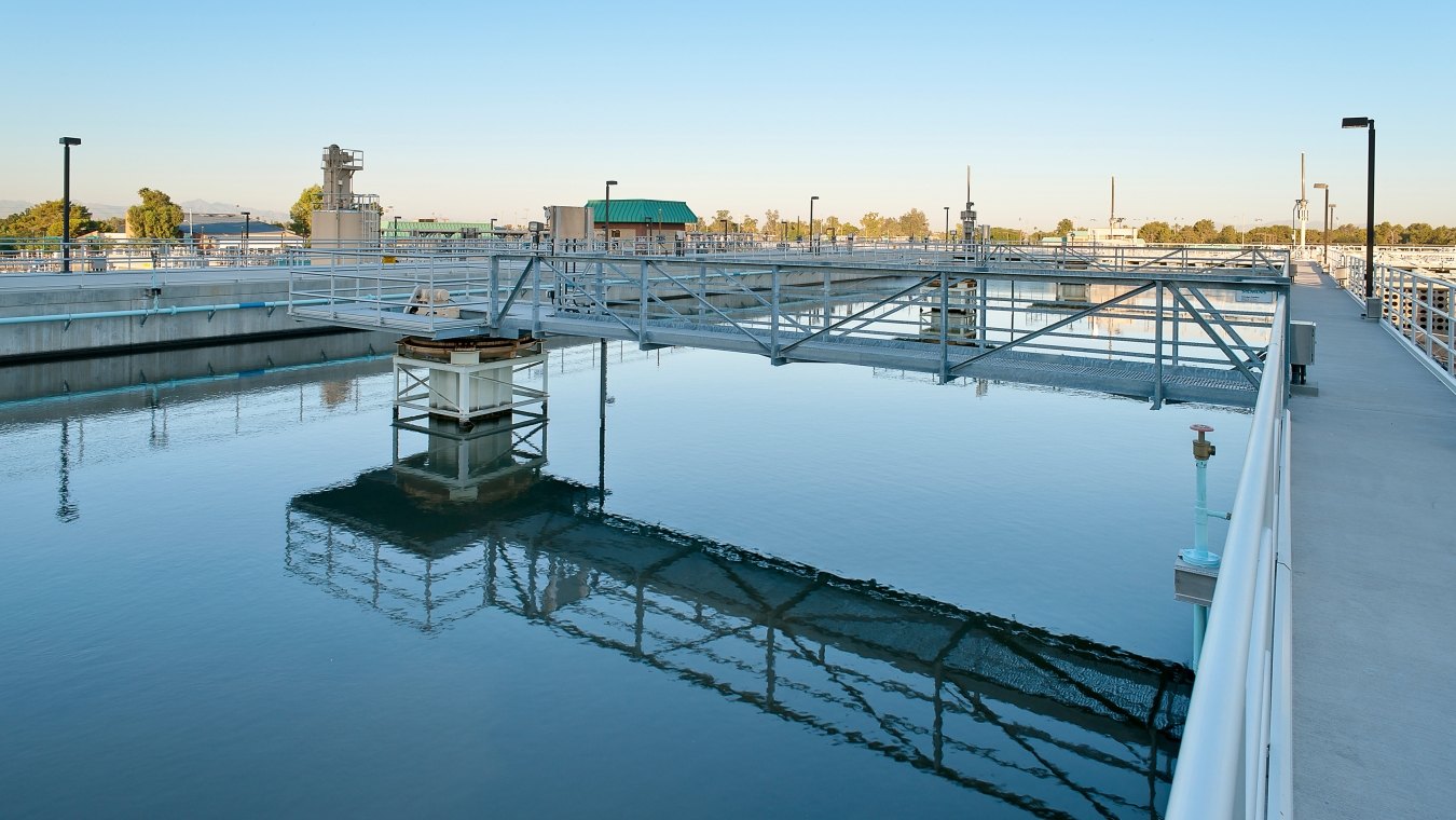 Bridgework over a large pool at the water plant.