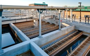 An aerial view of the complex holding tank at a water treatment plant. 