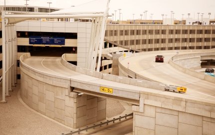 Exterior view of the parking garage with two roadways in front