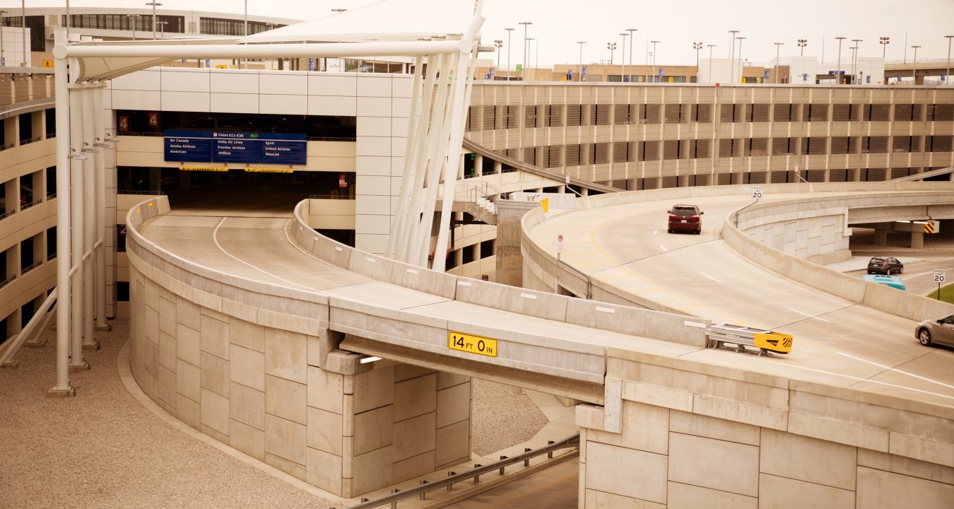 Exterior view of the parking garage with two roadways in front