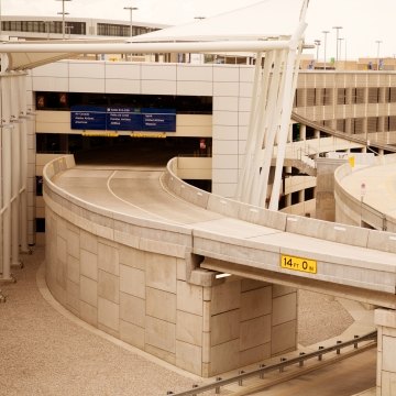 Exterior view of the parking garage with two roadways in front