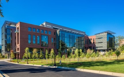 Exterior view of the building with trees in front