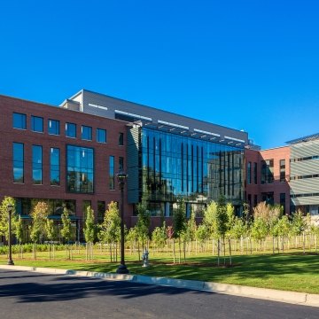 Exterior view of the building with trees in front