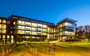 Exterior view of the building at nighttime