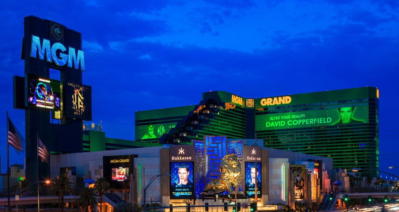 Exterior view of Hakkasan with the lion statue in front and MGM Grand in the background. 