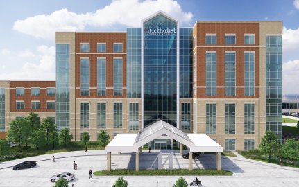 Exterior rendering of the front of the hospital building