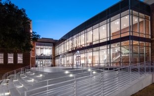 Texas Woman's University, Hubbard Hall exterior at night