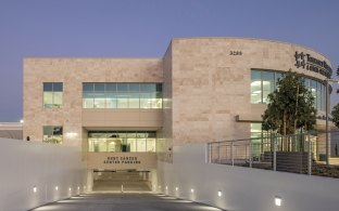 Side view of the building that leads into the underground parking garage