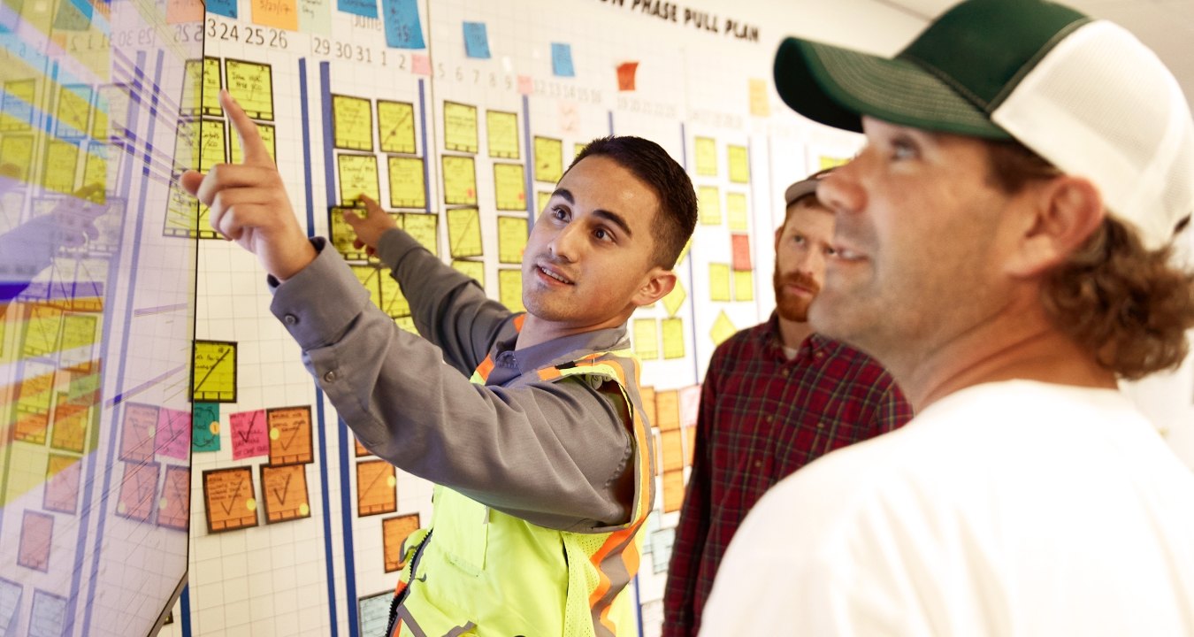 3 people looking at a scrum white board