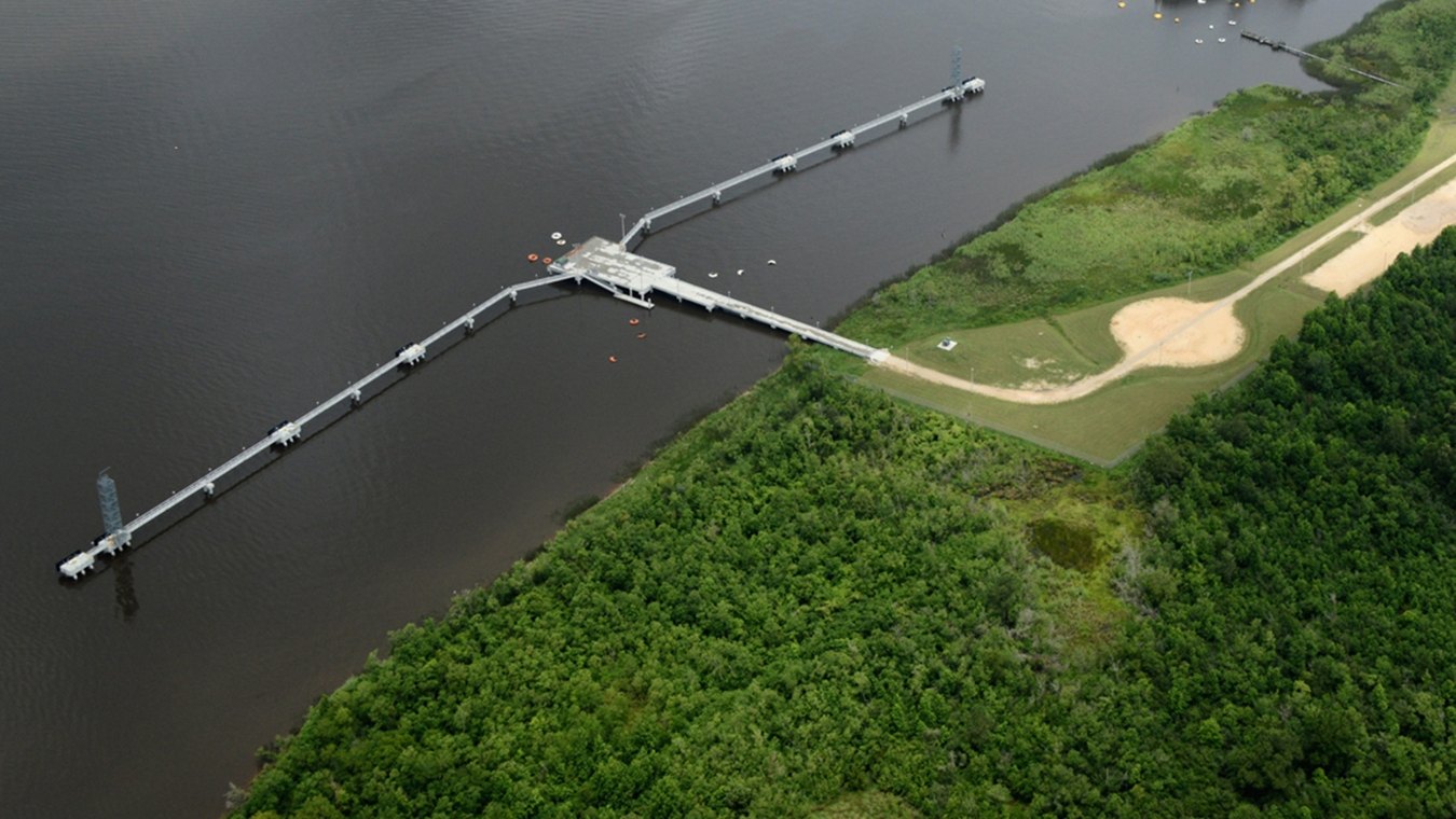 Aerial view of the facility over the water