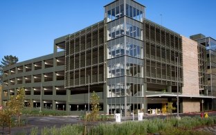 Exterior view of the parking garage. 