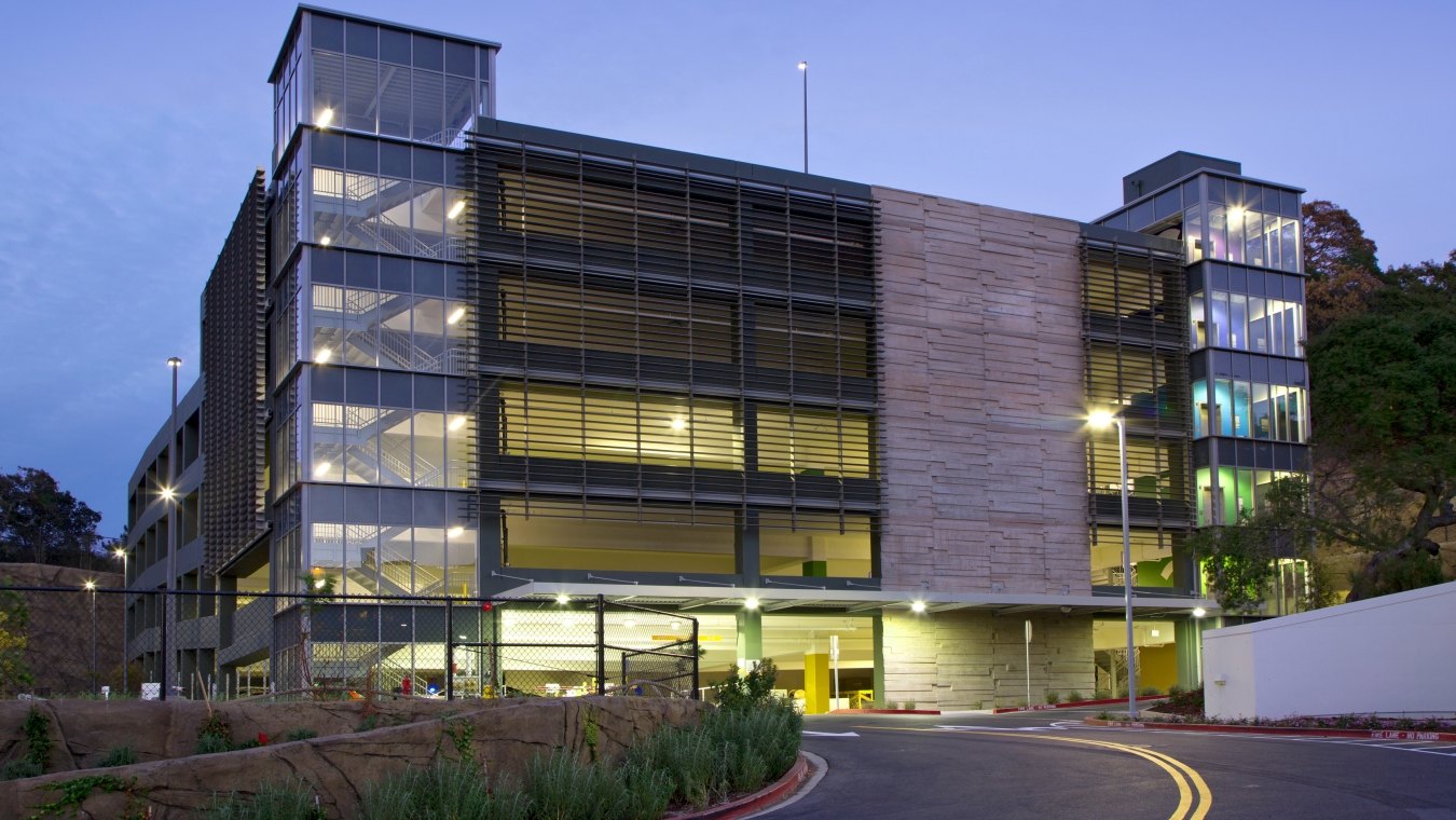 Exterior view of the parking garage. 