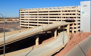 Exterior view of the parking garage with a roadway in front