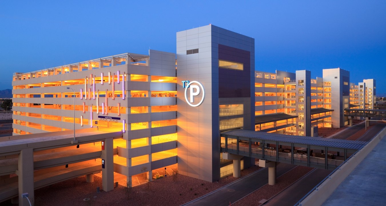 Exterior view of the parking garage at night.