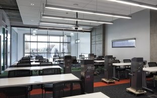 Inside classroom of bus facility. 