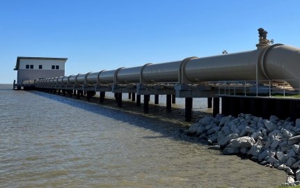 View of the intake pump station from land looking out toward the water