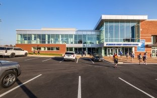 Exterior view of the building from the parking lot. 