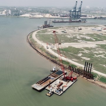 View of the levee stabilization wall during construction