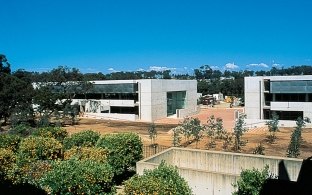 Outdoor image of the building from a far away perspective with close up trees