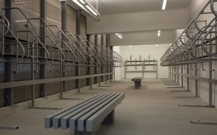 Santa Clara Square Parking Structures' Interior Area with Benches and Metal Structures on Walls