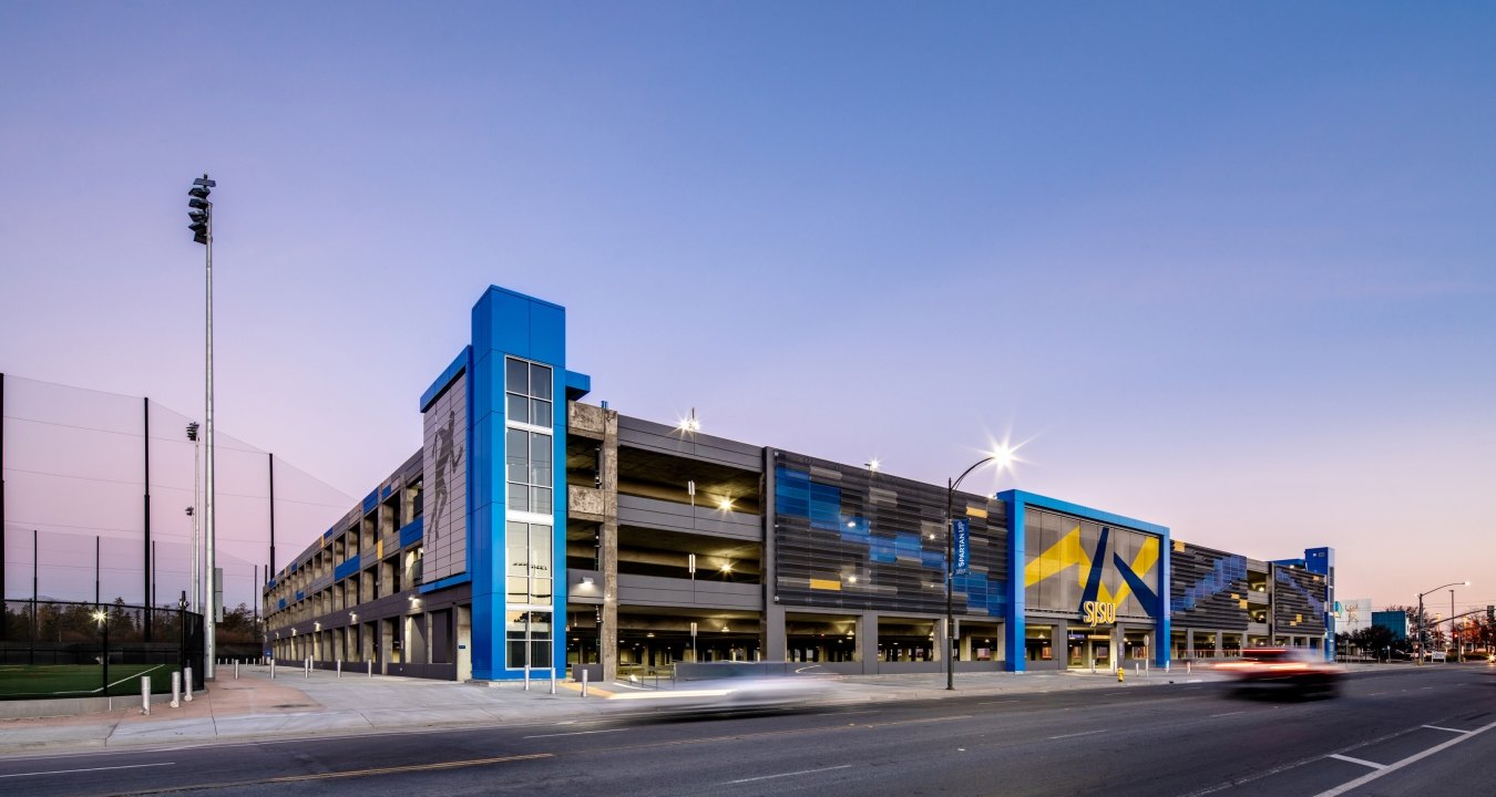 Exterior view of the parking garage at night.