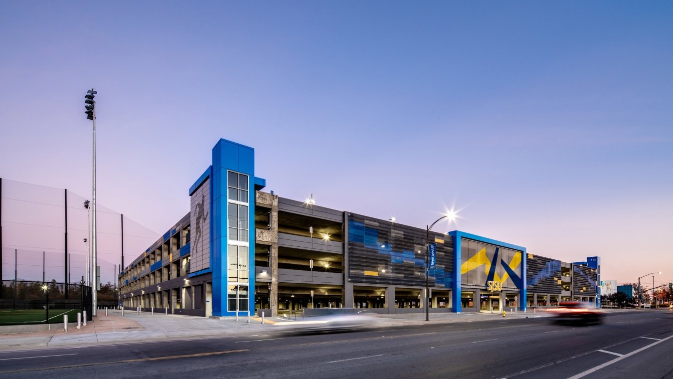 Exterior view of the parking garage at night.