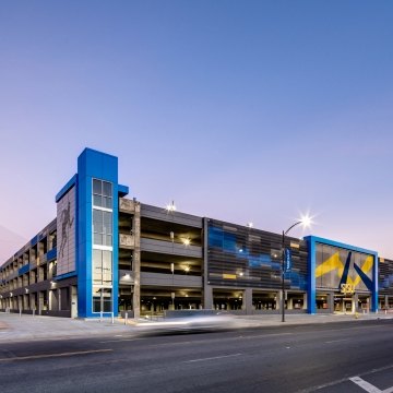 Exterior view of the parking garage. 