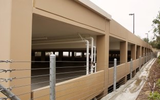 A ground-level view of the Soka University of America parking structure.