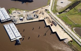 Aerial photo showing the docks over the water