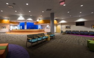 Lobby area with colorful furniture