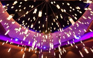 Viewing Looking Up at Ceiling Light Fixture with Multiple Cascading Lights