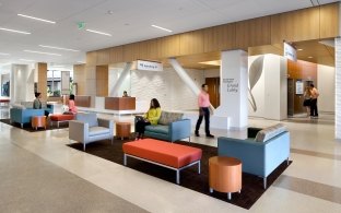 Indoor lobby area with seating pods