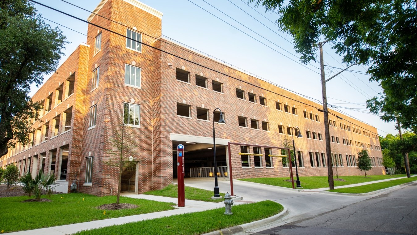 Exterior view of the parking garage. 