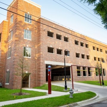 Exterior view of the parking garage. 