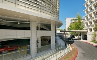 Section of UC Davis Parking Structure exterior and entryway drive